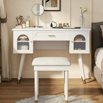  Elegant Vanity Makeup Table with Carved Glass Doors and Charging Station, Modern Dressing Table with 2 Cabinets and Drawer, Writing Desk with Stool for Bedroom, White