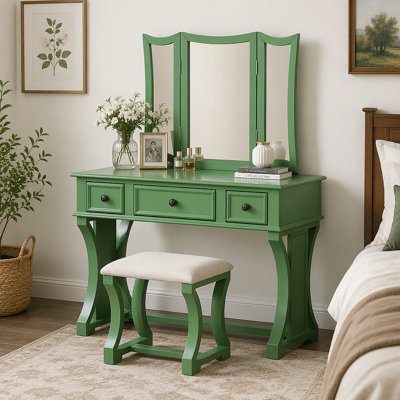 Unique Modern Bedroom Vanity Set with Stool Foldable Mirror Drawers Apple MDF Veneer 1pc Vanity Furniture