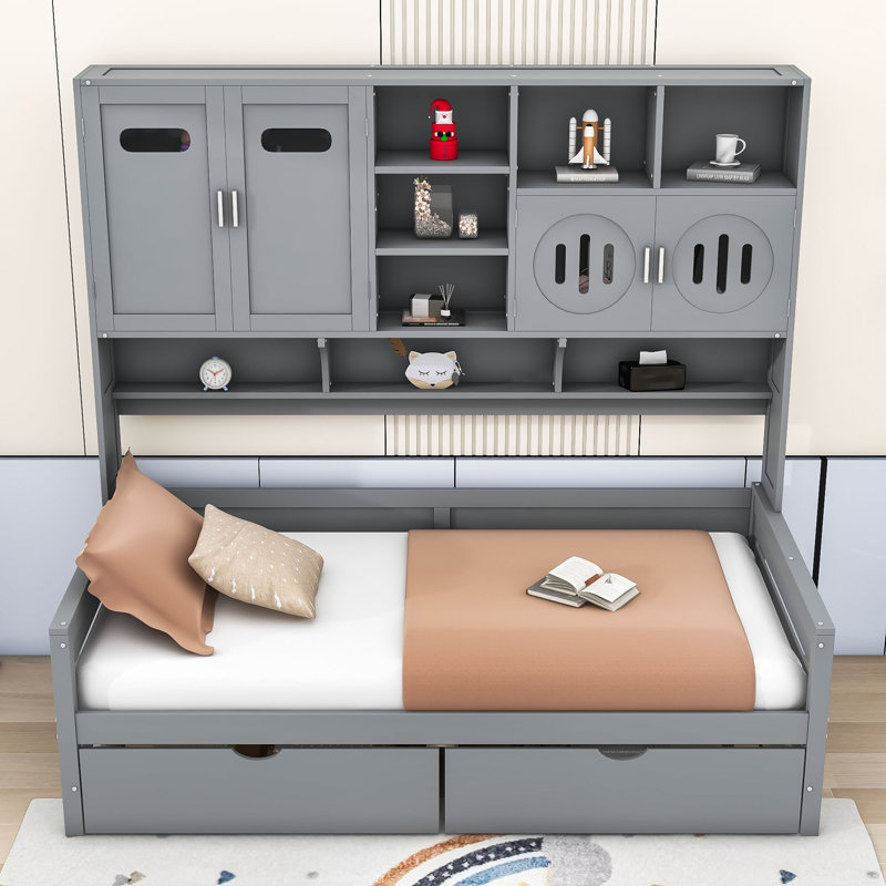 Wellsville Two Drawers Wooden Daybed With Cabinet and Shelf, Gray, Twin