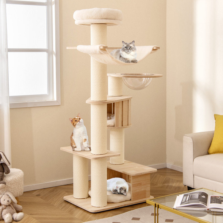 Arbre à chat en bois autoportant de 175 cm avec perchoir supérieur et coussins lavables