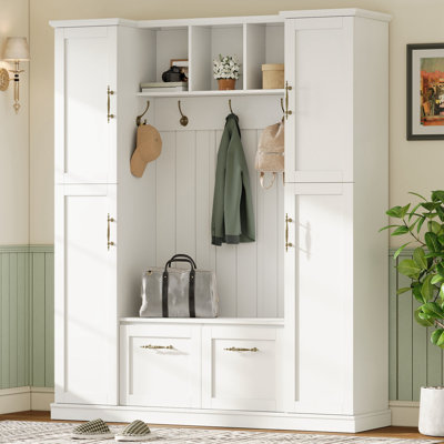 Hall Tree with 4 Side Cabinets, Adjustable Shelves and Open Cubbies