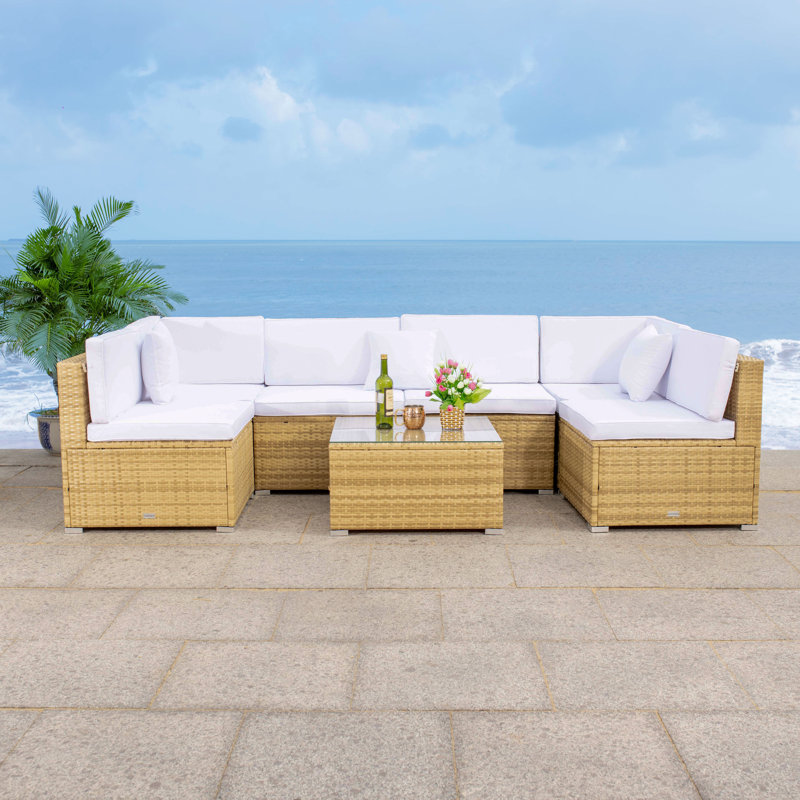 Ensemble de conversation modulaire en rotin 7 pièces avec coussins Azrien, Cadre naturel / coussin blanc