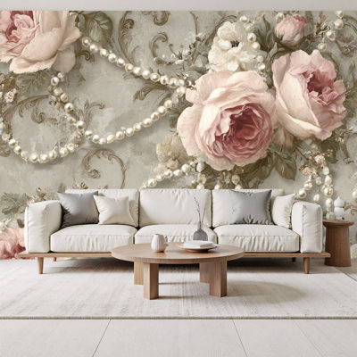 Vintage Baroque Peel and Stick Wallpaper Vintage Baroque Rose Pearl Garland Accents Wall Murals 69"H x 96"W Removable PVC Wall Paper Self-Adhesive Wall Decor for Bedroom Living Room Home Office