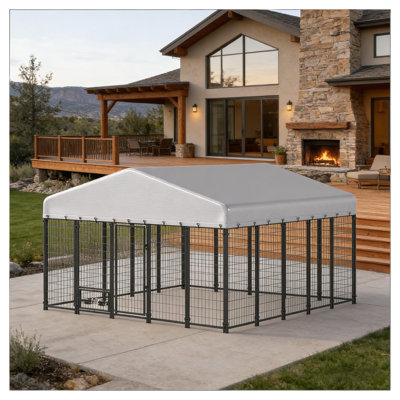 Large Outdoor Dog Kennel Run with 20 Welded Wire Panels, 360° Rotating Feeding Station, Steel Frame and Oxford Fabric Cover, Silver Exercise Pen for Pets