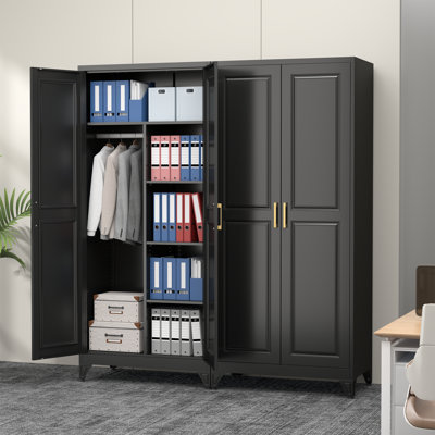 Black Metal Wardrobe with 2 Doors and 3 Adjustable Shelves, 71" H Tall Storage Cabinet with Hanging Rod for Bedroom, Home Office