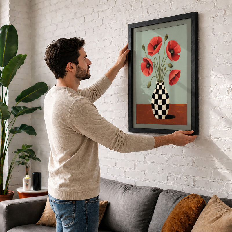 Poppies in Checkered Vase Boho - Framed Print, Walnut, A1 - 84.1 x 59.4 cm