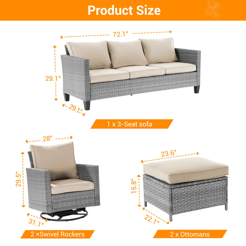 5 - Person Wicker Swivel Rocker Chair Outdoor Seating Group with Cushions, Gray, Beige