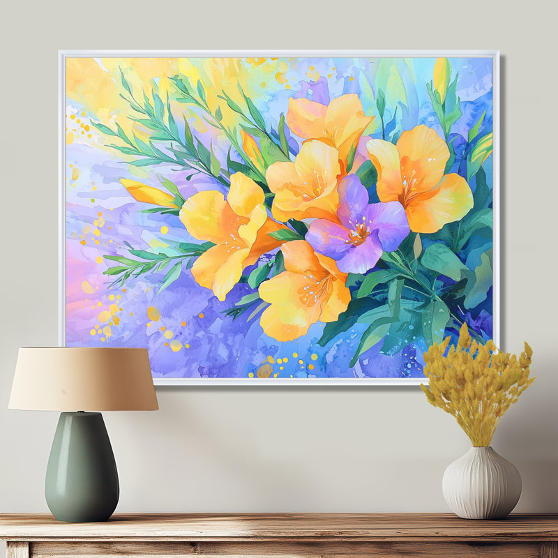 Symphonie lumineuse de fleurs de freesia jaune II - impression d'iris, 24" H x 32" W, Floater Framed Print, White