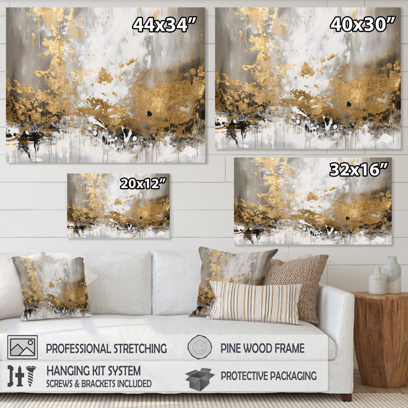 Or et blanc abstrait - art mural abstrait, H 30 po x l 40 po x P 1,5 po, Toile tendue