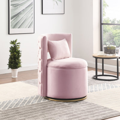 Pink Velvet Curved 360 Swivel Chair With Extra Pillow For Back Support, Storage Magazines, Solid Wood Frame, Living Room Setup Accent Wrap - Around , Removable Cushion Small Objects, Suitable Office