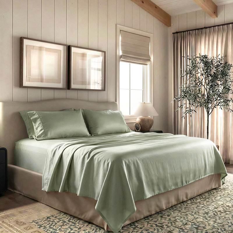 Ensemble de draps 100% coton Supima 1000 fils Threadmill, Ensemble de draps pour grand lit avec 2 taies d'or, Vert sauge