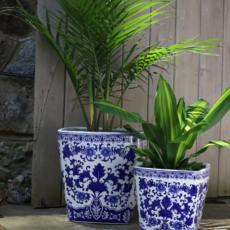 Blue Garden and Camelia Garden Planter, 14" H x 14" W x 14" D