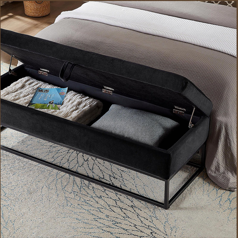 Banc de lit avec base en métal et velours de rangement, Noir