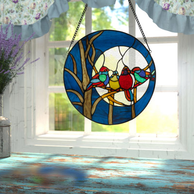 Birds in the Night Sky Round Stained Glass Window Panel