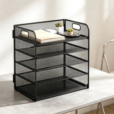 Five Tray Paper Organizer with Handle, Mesh Desk File Holders, Paper Sorter for Office, Home, Classroom, and School Use, Sturdy Metal Stackable Letter Tray System