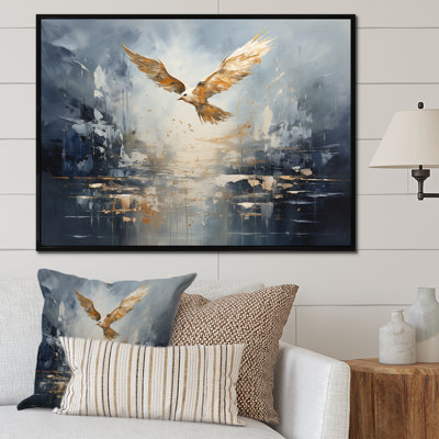 Oiseau doré surplombant l'océan I - Art mural oiseau sur arbre