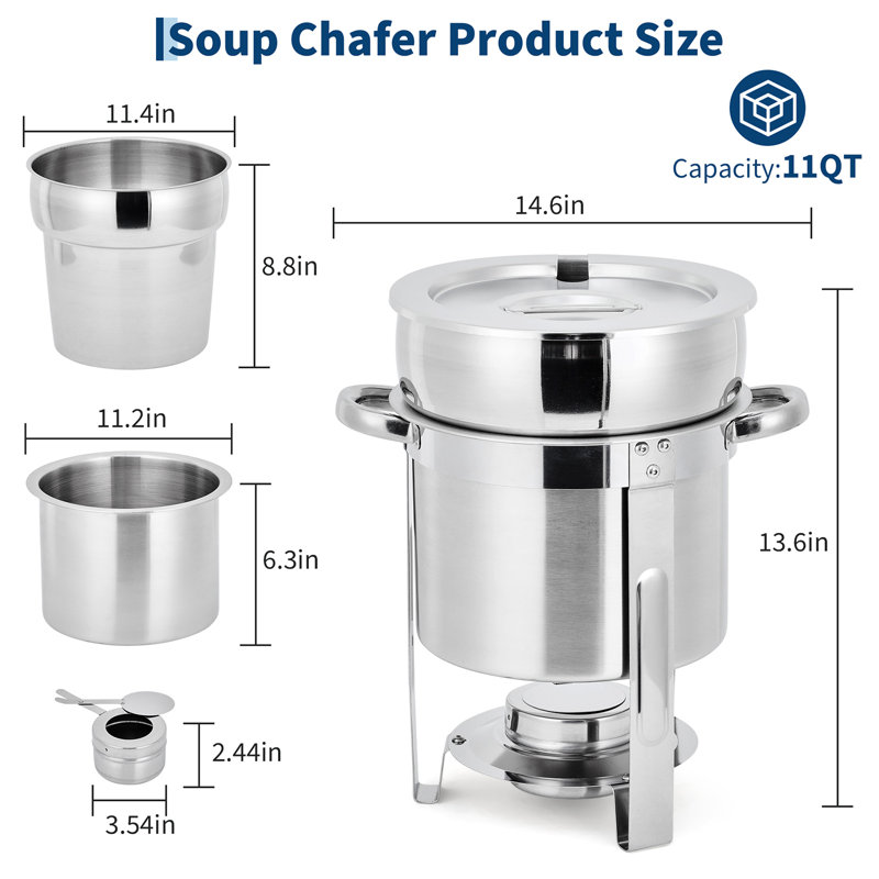 Ensemble de chaudron à soupe 11QT, réchaud à soupe rond en acier inoxydable avec marmite, couvercles entaillés et supports à carburant