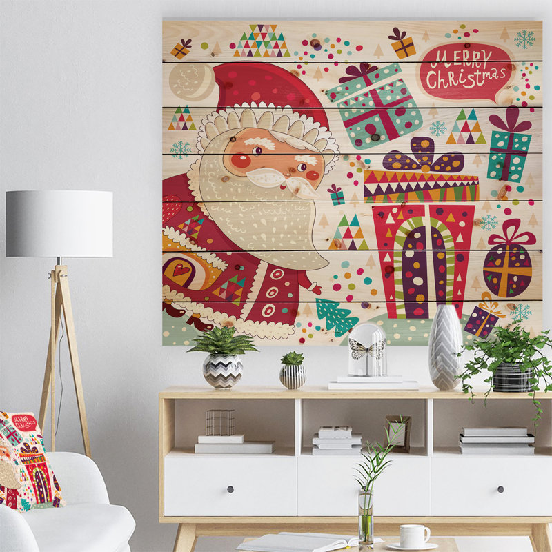 « père noël avec noël cadeaux », peinture, H 36 po x l 46 po x P 0,78 po, Bois