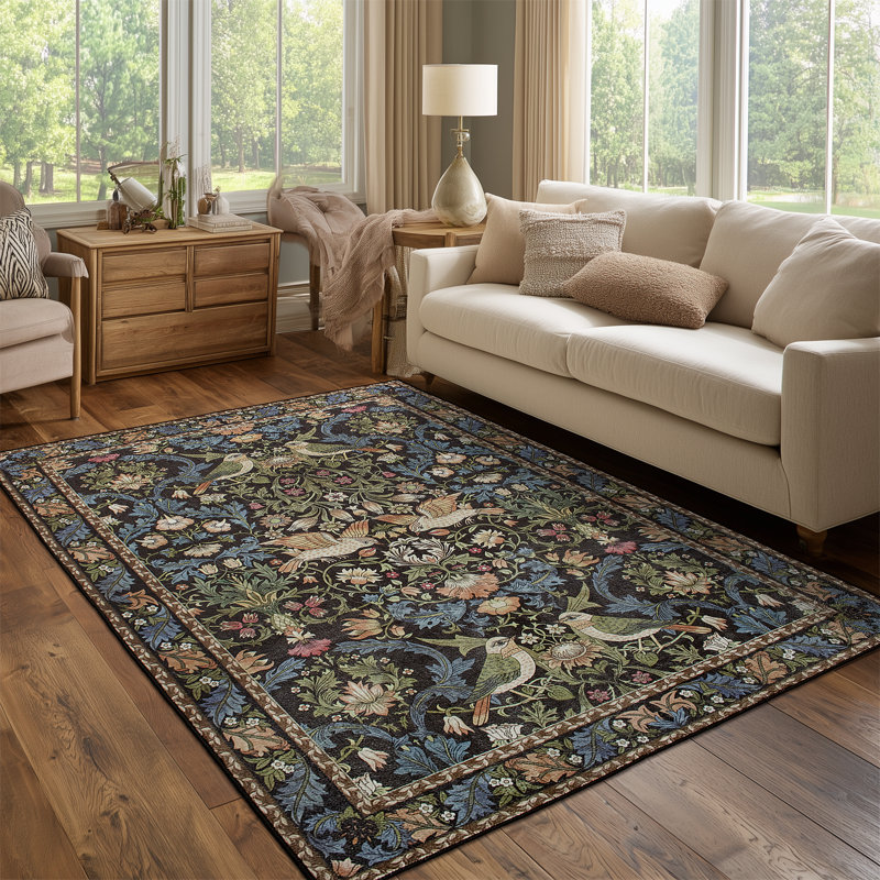 Vintage Botanical Floral Birds Navy Area Rug, Rectangle 5' x 7'