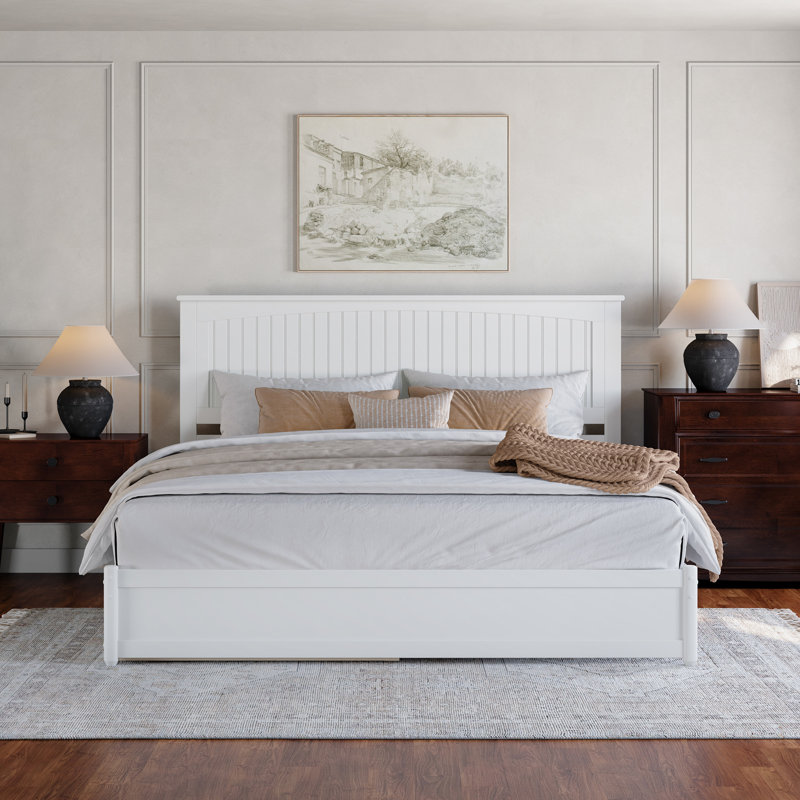 Darlean Solid Wood Trundle Platform Bed with Footboard & Roll Out Trundle, White, King