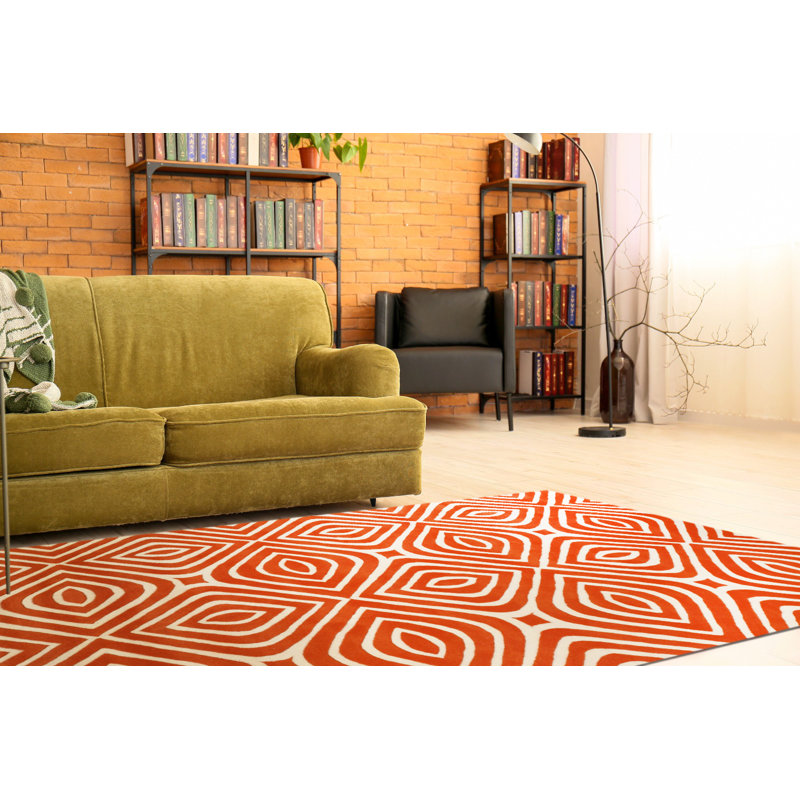 Ivory and Orange Geometric Hand-Tufted Wool Rug