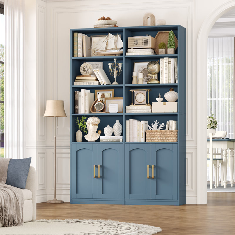 Bibliothèque standard en bois avec portes et 8 tablettes ouvertes Kirklyn, Bleu