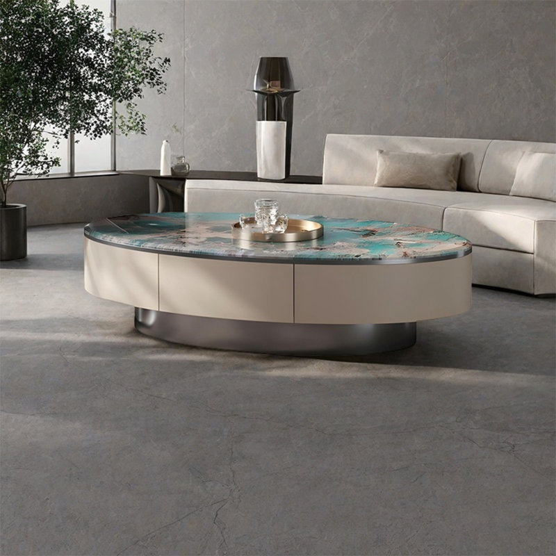 Table basse ovale en marbre clair de luxe, Gris foncé, H 15,7 po x L 47,2 po x l 23,6 po