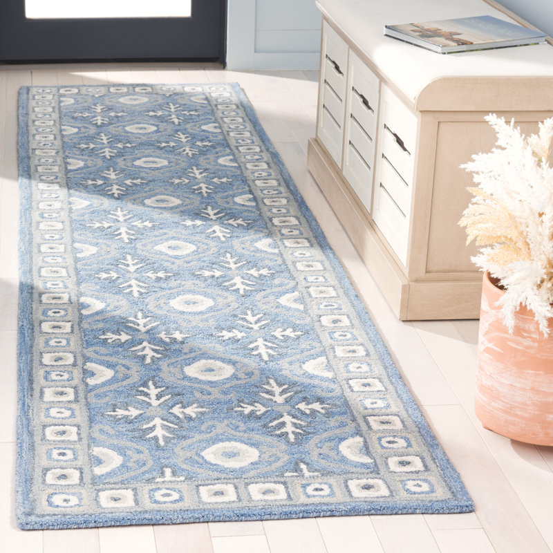 Tapis en laine / coton touffeté à la main ébène en bleu / ivoire, Tapis de couloir 2 pi 3 po x 5 pi