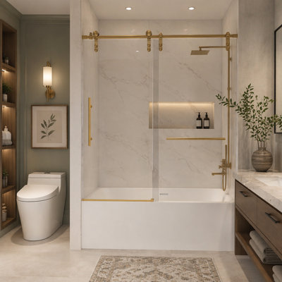 Porte de baignoire coulissante sans cadre de 56 à 60 po x 66 po, porte de douche pour baignoire, verre trempé transparent de 5/16 po (8 mm), cadre en acier inoxydable, or brossé