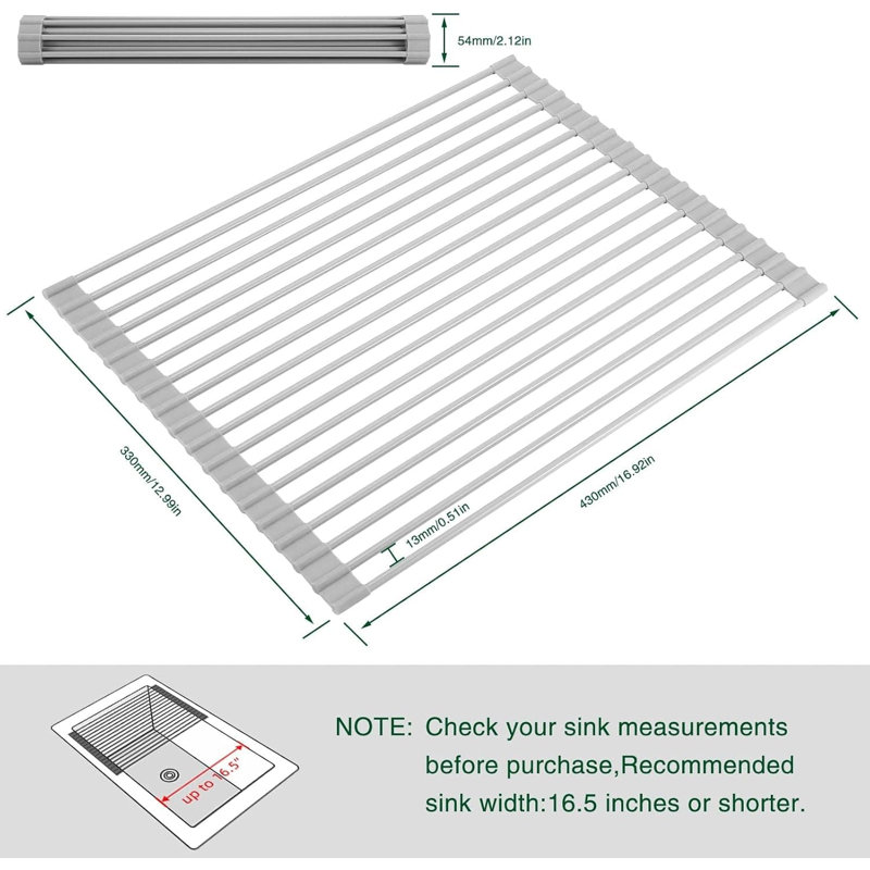 Over-Sink Roll-Up Dish Drying Rack | Multipurpose Foldable Sink Mat | Heat-Resistant, Anti-Slip & Anti-Rust | 17"x13" Grey