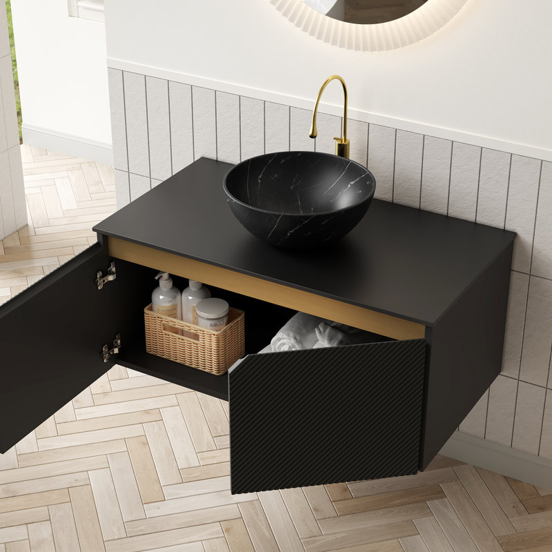 Meuble-lavabo 36 po, armoire en contreplaqué flottant avec portes doubles en sergé avec garniture en métal, cuve en céramique noire avec motif en pierre, plateau en fritté, meuble-lavabo avec système de fermeture en douceur et armoire de rangement, registre