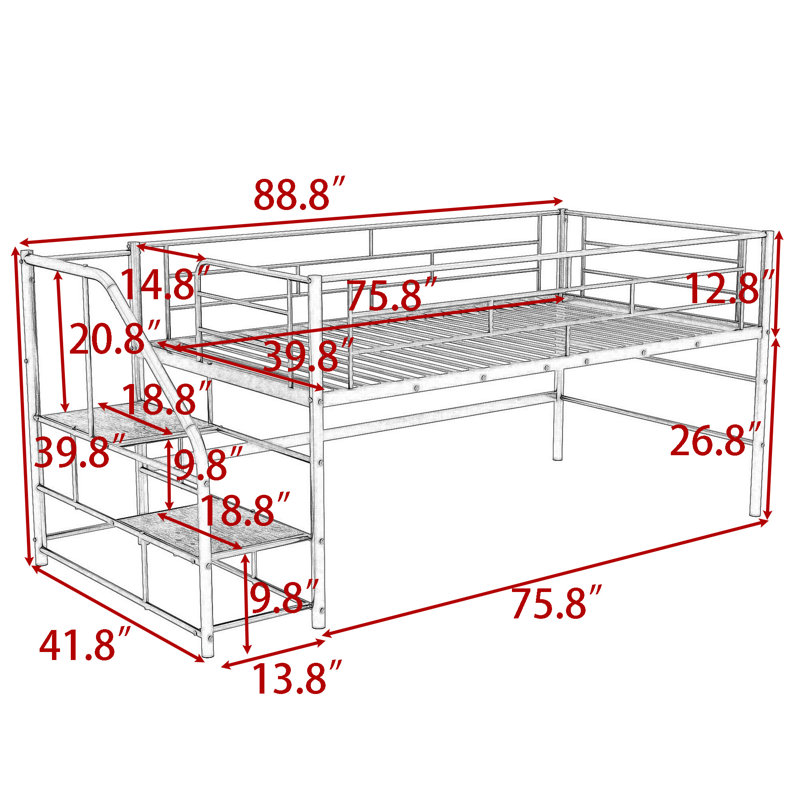 Lit mezzanine simple avec garde-corps et escaliers de rangement intégrés, Blanc