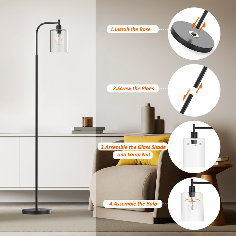 Demerrick 66.1" Arched Floor Lamp with Two LED Bulbs Included and Glass Shade, Black