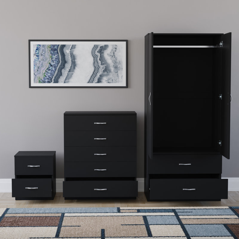 Maybery 3 Piece Bedroom Set (2 Drawer Bedside Chest, 5 Drawer Chest, 2 Door 2 Drawer Wardrobe), (4), Black