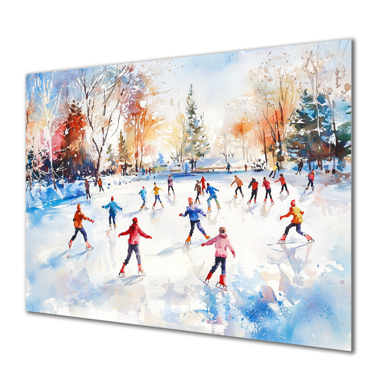 «Ice Skating Winter Landscape IV - Landscape», reproduction d'art en métal, H 16 po x l 32 po