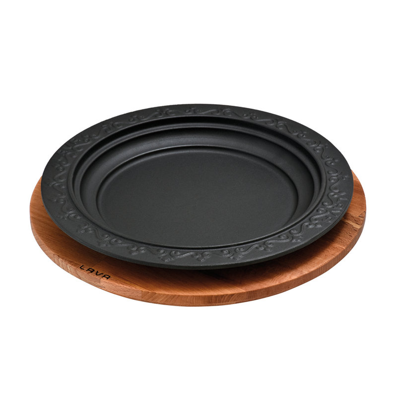 Plat de service rond en fonte émaillée Lava 11 po avec plateau de service en bois de hêtre