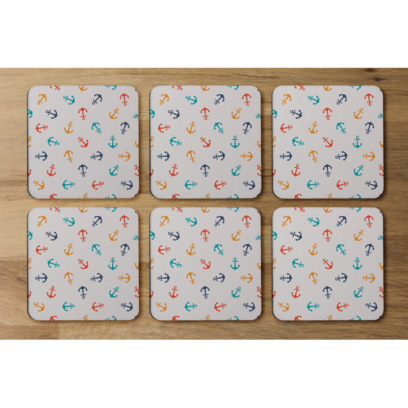 Square 6 Piece Coaster Set, Light Grey/Red