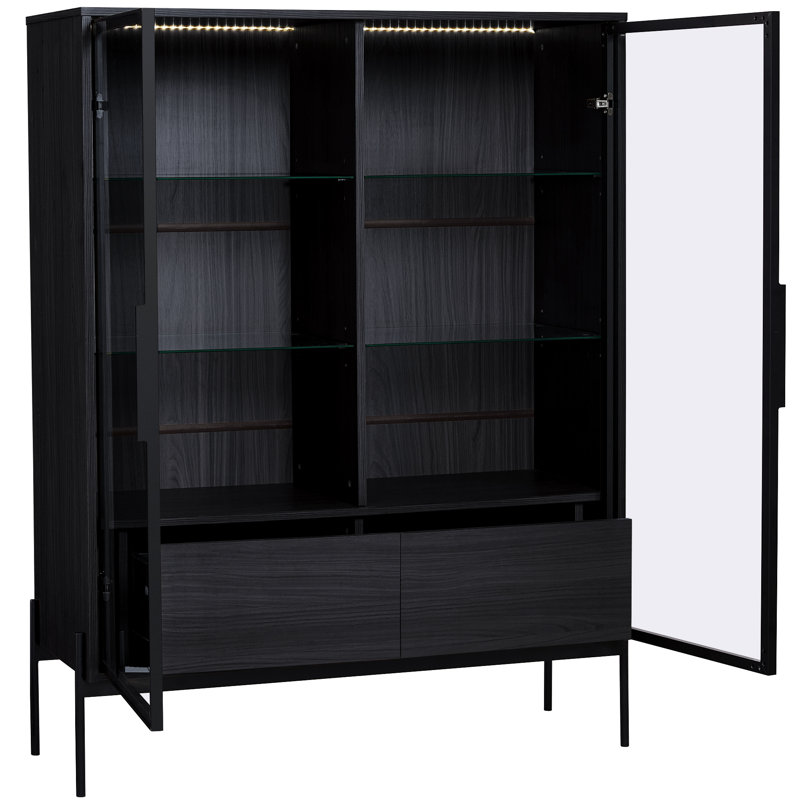 51.2'' Freestanding Display Cabinet, Pantry With 2 Storage Drawers And Glass Doors, Curio Cabinet With 4-Tier Adjustable Shelves And LED Light, For Living Room, Kitchen, Office - Black, Cabinet