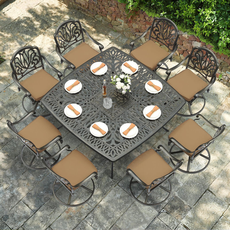 Large Dark Bronze Cast Aluminum Square Patio Dining Table with Umbrella Hole
