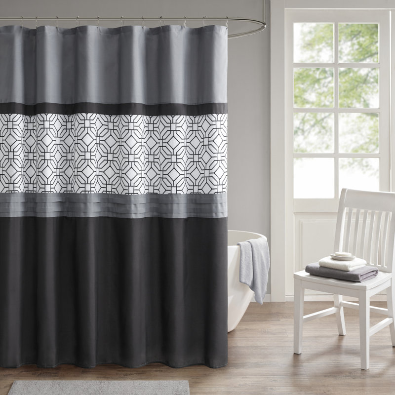 Black and Gray Geometric Embroidered Fabric Shower Curtain with Liner