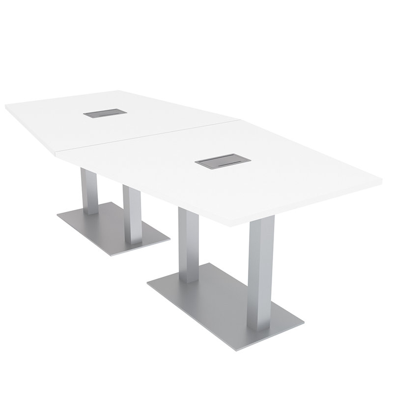 Table de conférence hexagonale avec alimentation et données, L 96 po x l 48 po, Blanc, Argent argent