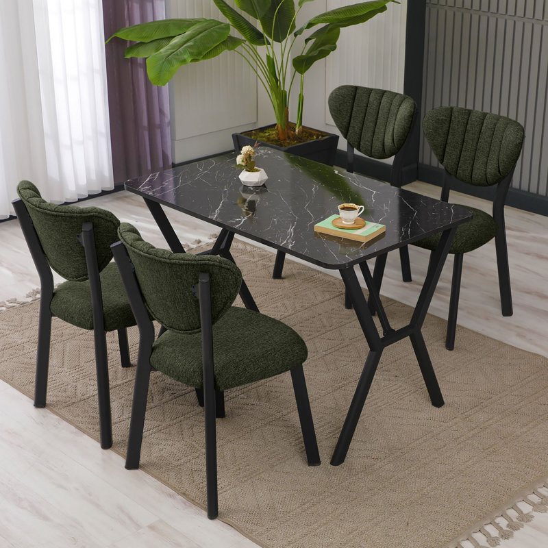 Ensemble de table et chaises de salle à manger extensible Modern (5 pièces), vert et noir | Panneau de particules 100% mélaminé, 43,3 po x 29,1 po x 29,1 po | Structure de chaise en métal, tissu en lin, assise confortable, parfaite pour les salles à manger et les rassemblements