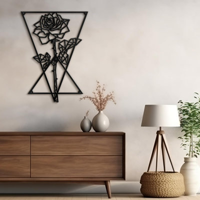Rose in Square Frame Modern Abstract Wall Accent Sculpture Hanging Decoration Metal Wall Decor