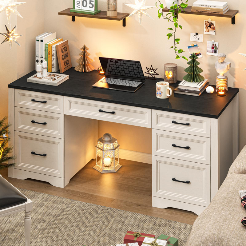 Bureau de direction Farmhouse, bureau à domicile en bois avec 2 grands tiroirs classeurs, Noir