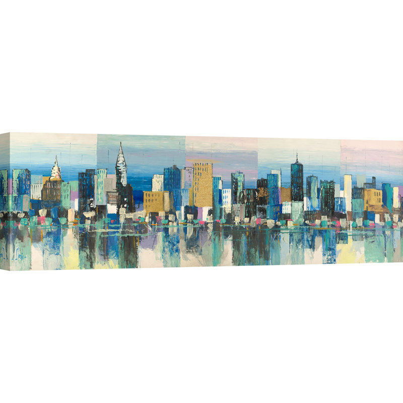 Manhattan Aqua 1 Piece Wrapped Canvas Painting, 35cm H x 100cm W x 4cm D
