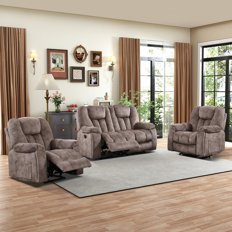 3-Piece Microsuede Upholstery Reclining Living Room Set With Cupholders, Brown