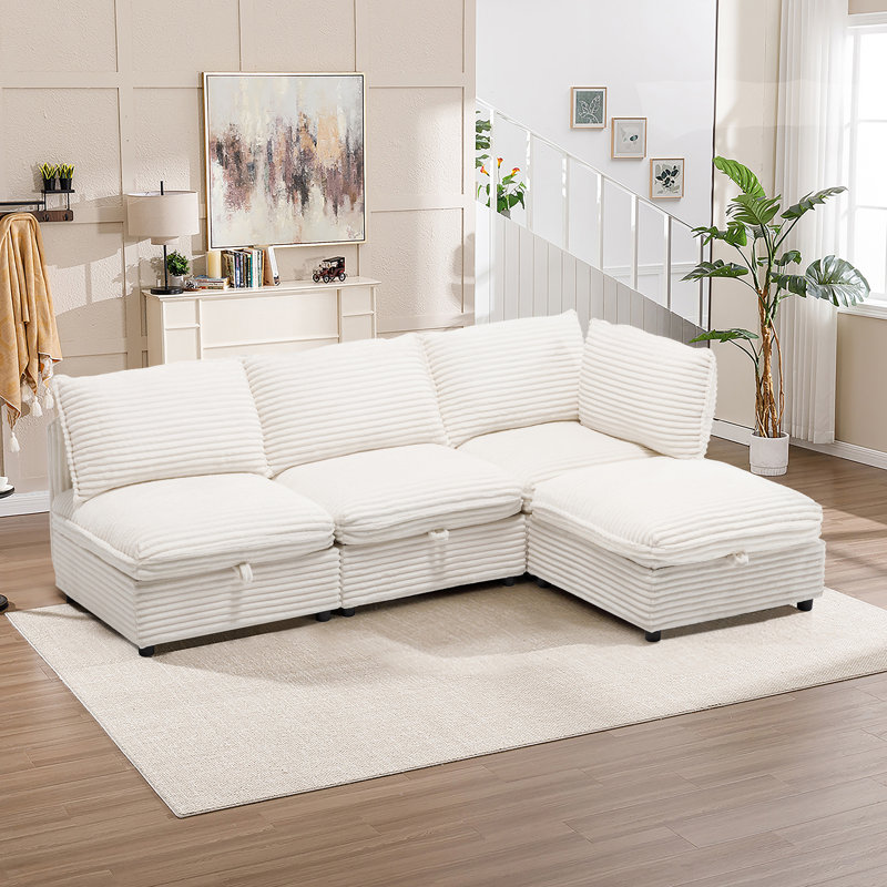 Canapé modulaire 2 places avec rangement caché et repose-pieds, Velours côtelé blanc