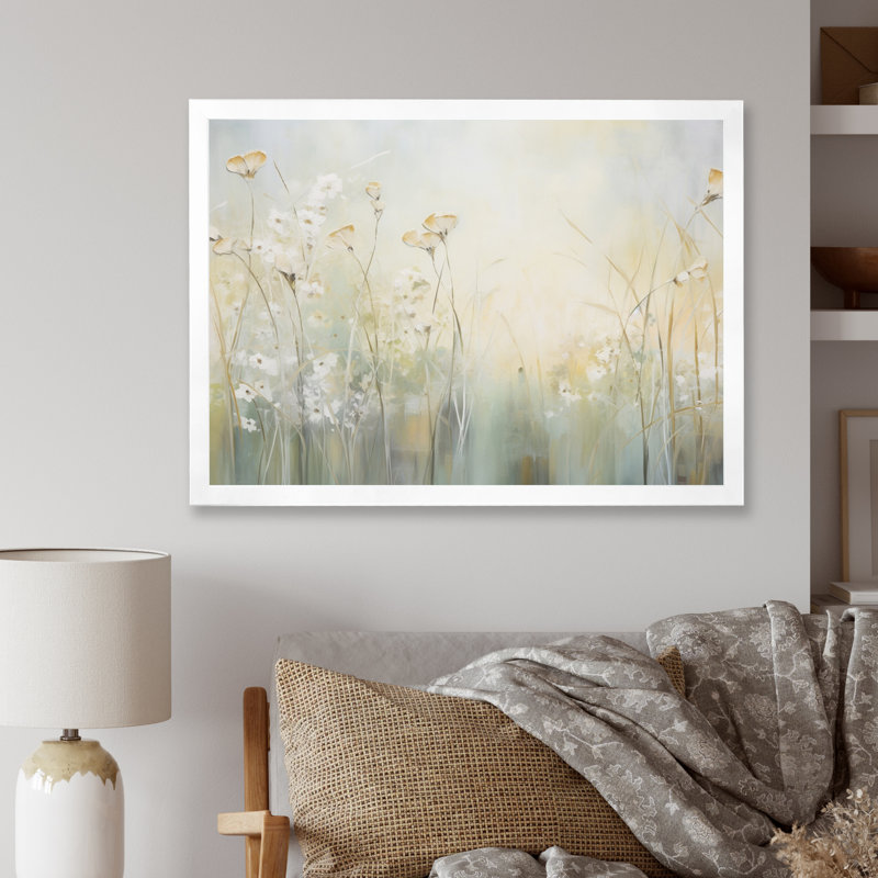 «Green Beige Serene Meadows I», reproduction d'art sur toile, Cadre simple blanc, H 30 po x l 40 po x P 1,5 po
