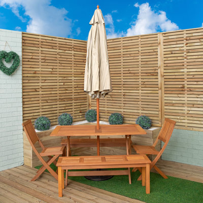 Gillian Outdoor Rectangular Wooden Garden Dining Table, 2 Benches With Parasol And Base Set