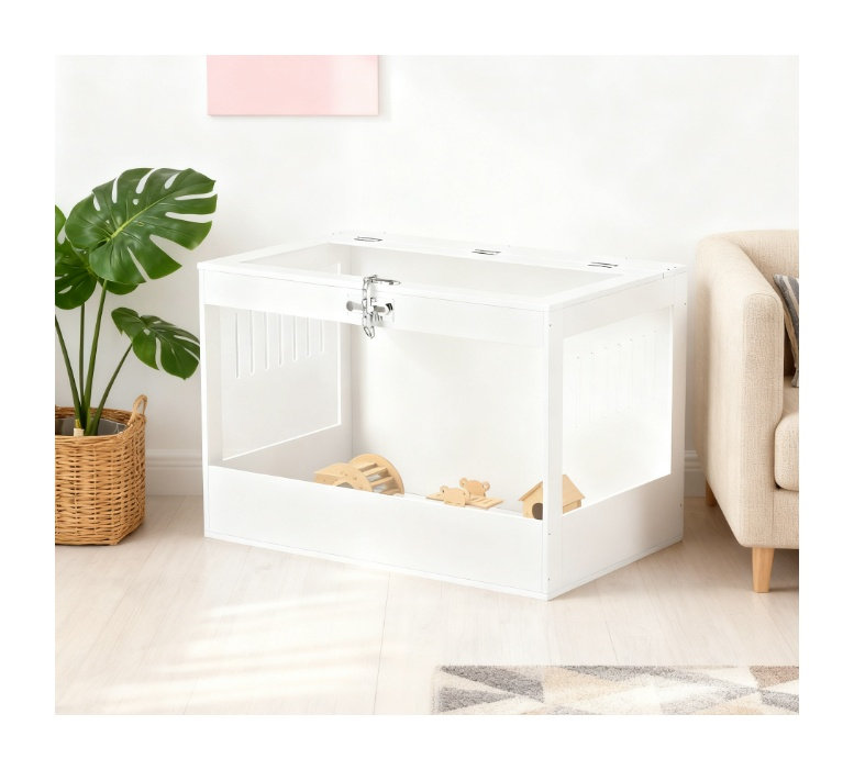 Cage pour petits animaux en acrylique blanc et panneau de fibres à densité moyenne avec plateau, serrure, cabane et accessoires ouverts